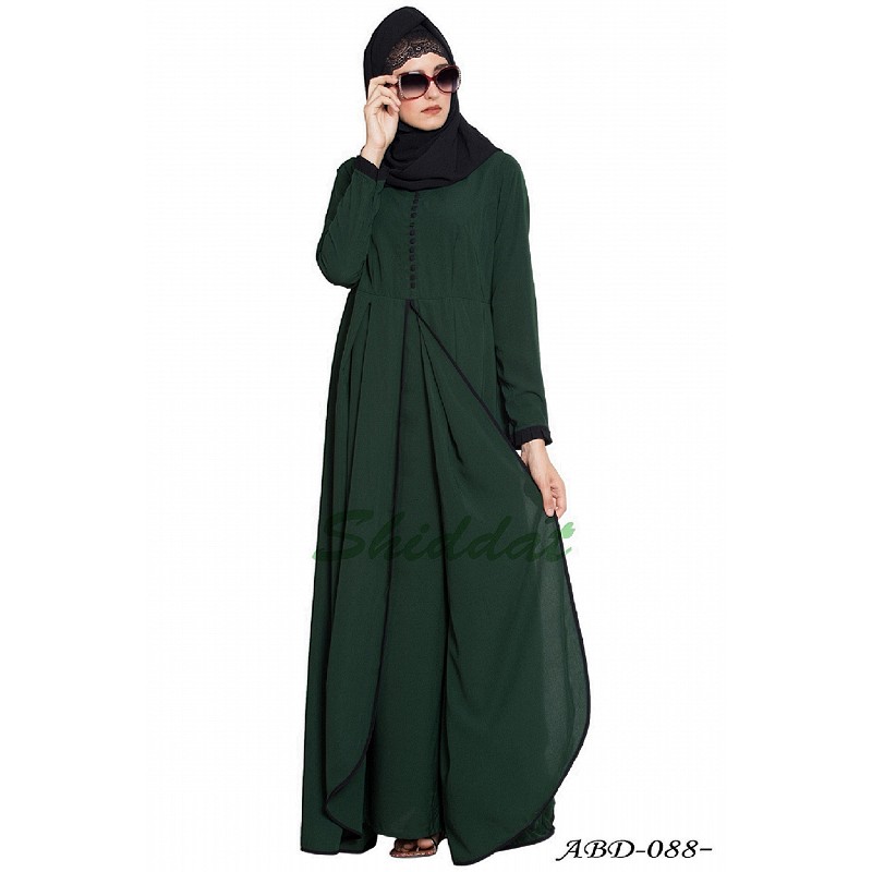 Abaya online- Buy dark green frilled abaya made from Nida Matt fabric.