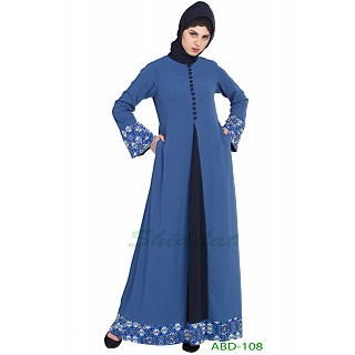 Casual abaya with floral borders- True Blue