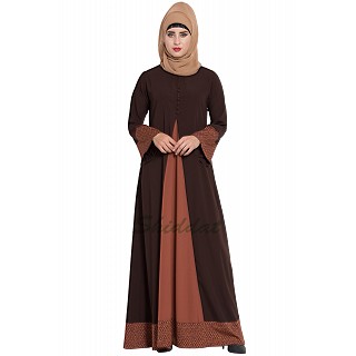 Casual abaya with printed borders- Brown-Rust