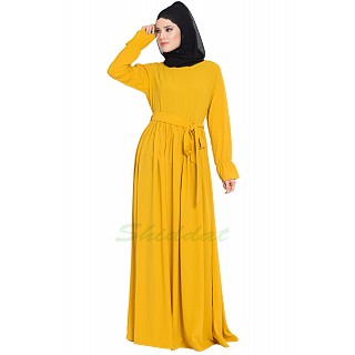 Pleated dress abaya with belt- Mustard color