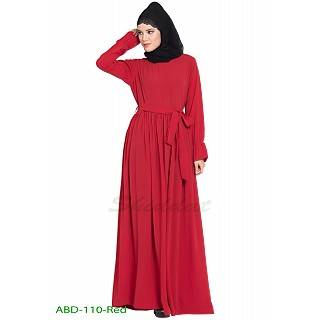 Casual pleated Dress abaya- Red