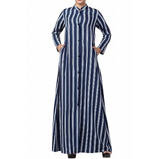 Striped front open abaya- Blue-White