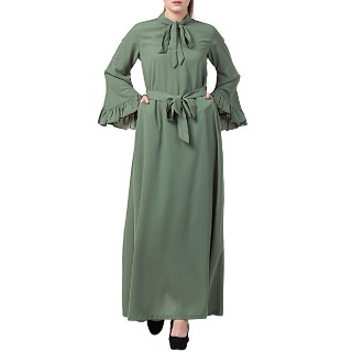 Designer abaya dress with frilled bell sleeves- Jade Green