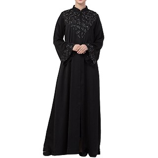 Premium Front open Nida abaya with handwork- Black