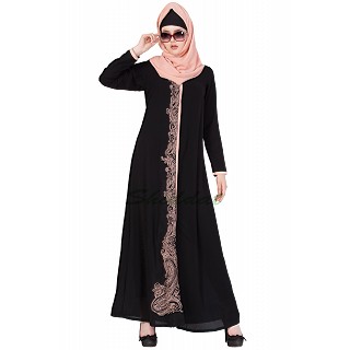 Embroidered abaya - Black & Beige