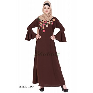 Embroidery abaya with bell sleeves- Brown