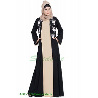 Abaya set with Embroidered cardigan- Black-Fawn