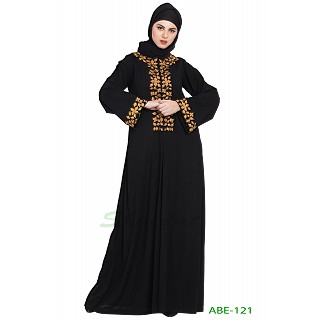 Embroidered front open abaya- Black