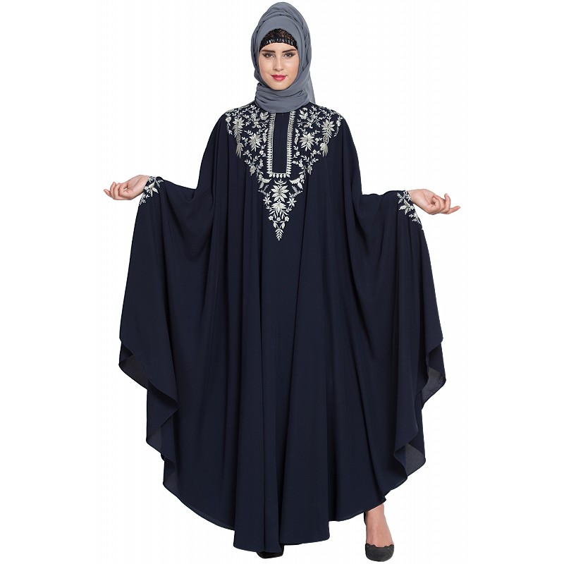 Muslim Silver Zari Embroidered Irani Nida Kaftan Navy Blue