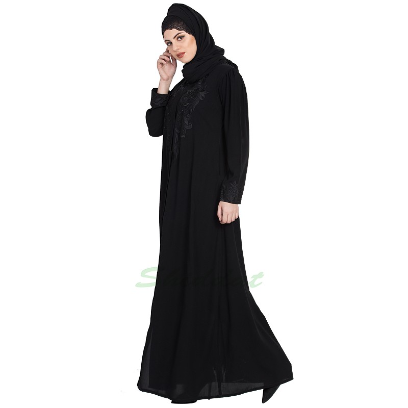 Front open abaya- Designer embroidered front open abaya at www.shiddat.com