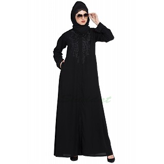 Embroidered front-open Black abaya