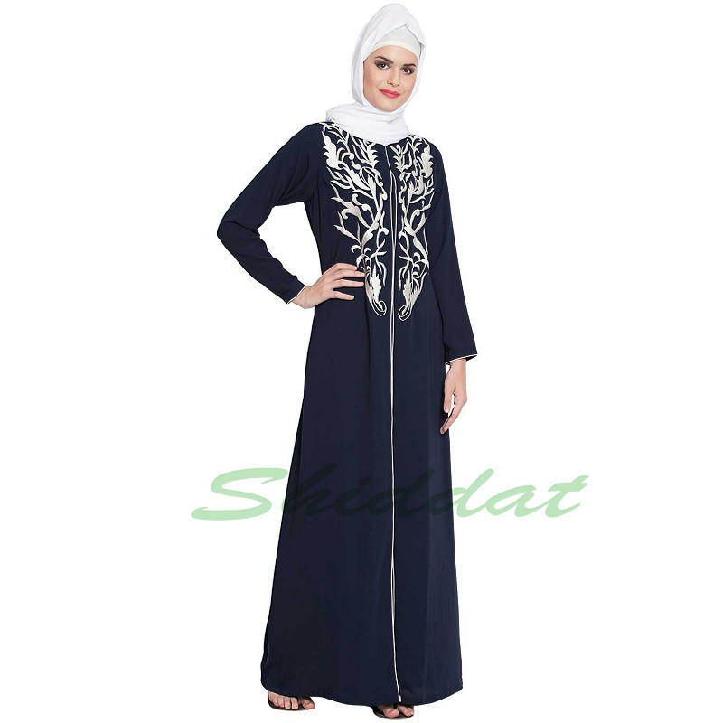 Abaya online- Buy Blue-white color Islamic front open abaya made from N...