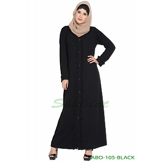 Front open abaya with frills on panels and sleeves- Black
