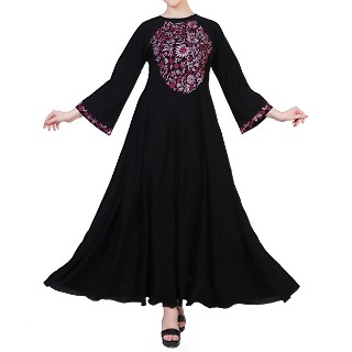 Embroidered umbrella dress abaya- Black