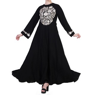 Embroidered umbrella dress abaya- Black-White