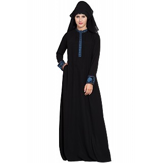 Embroidered Black Burqa with triple layered Nose Piece