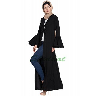 Long Cardigan Abaya with Frills and Bell Sleeves