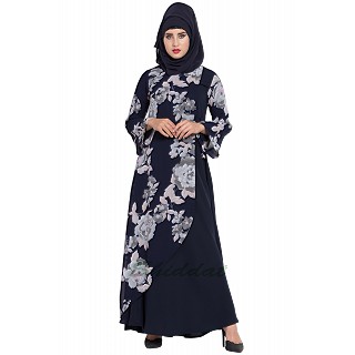 Dress abaya with Floral print- Navy Blue