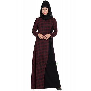 Checkered dress abaya- Maroon-Black 