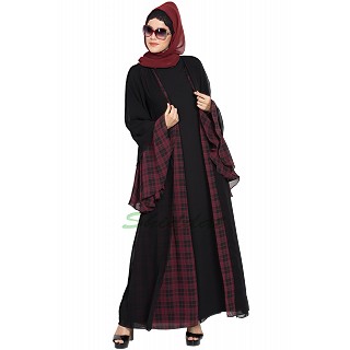 Double-layered designer abaya- Black-Maroon