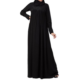 Loose fit Abaya with  pearl lace work- Black