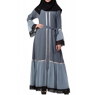 Designer front open Abaya- Grey