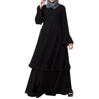 Double layered dress abaya with bell sleeves- Black