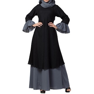 Double layered dress abaya with bell sleeves- Black-Grey