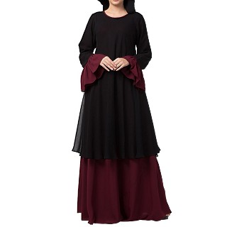 Double layered dress abaya with bell sleeves- Black-Wine