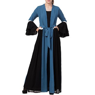 Designer abaya with attached Shrug and a belt- Blue-Black