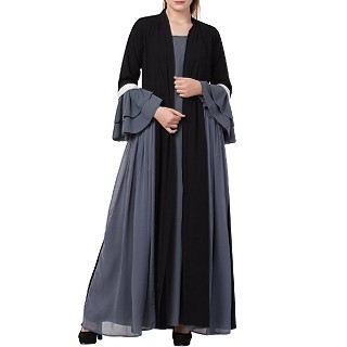 Designer abaya with attached Shrug and a belt- Black-Grey