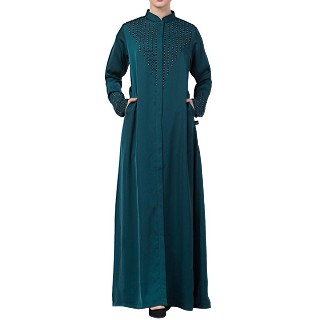 Designer Front open Nida abaya with handwork- Teal