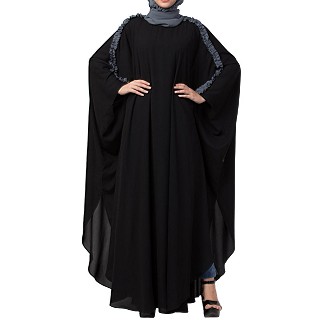 Kaftan abaya with ruffles on sleeves- Black-Grey