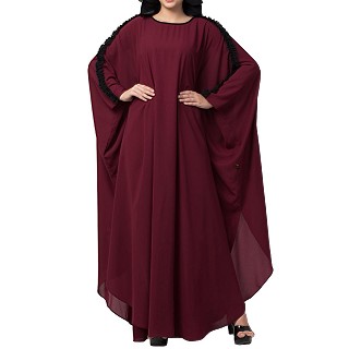 Kaftan abaya with ruffles on sleeves- Maroon-Black