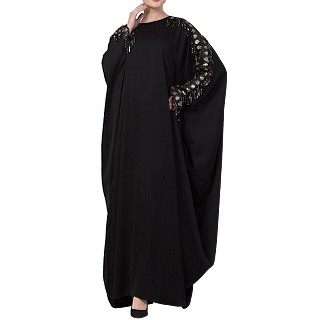 Designer Kaftan abaya with lacework- Black