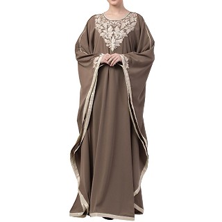 Kaftan abaya with Chikan embroidery work- Khaki