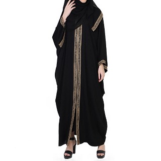 Designer Kaftan abaya with lacework- Black-Beige