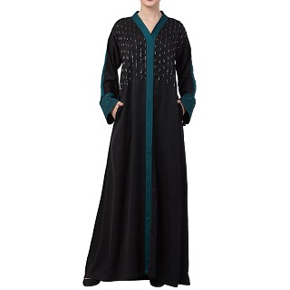 Premium Front open Nida abaya with handwork- Black-Teal