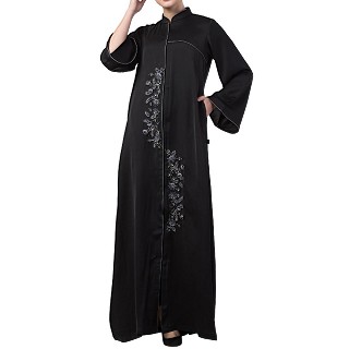 Party wear Front open Nida abaya with handwork- Black