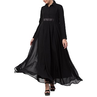 Designer Umbrella cut abaya with dual layer- Black