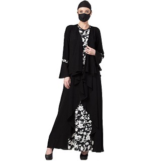 Printed Shrug Abaya- Black-White