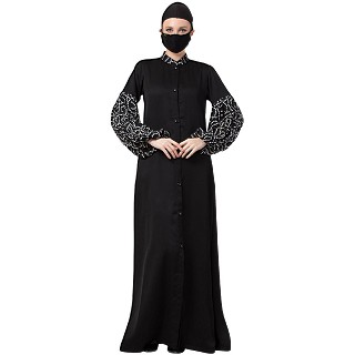 Front open abaya with Printed Balloon Sleeves- Black