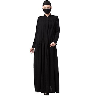 Designer Front open abaya with Pin Tucks- Black