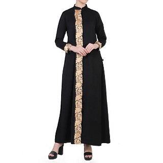 Front open abaya with floral lacework- Black-Beige