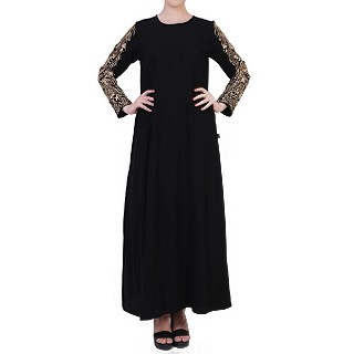 A-line abaya with Zari Embroidery Work- Black-Gold