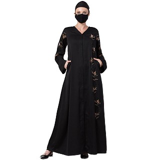 Premium Front open abaya with V-Neck- Black