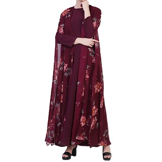 Double layered floral printed abaya - Wine