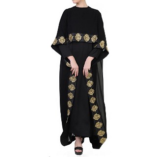 Designer Cape abaya with lacework- Black-Gold