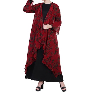 Printed Shrug Abaya- Black-Maroon