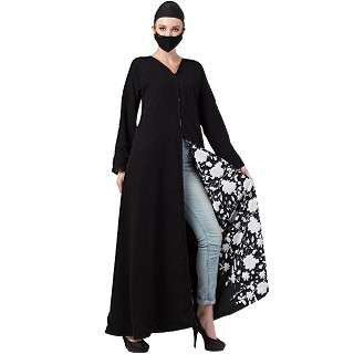 Reversible Front open abaya - Black-White